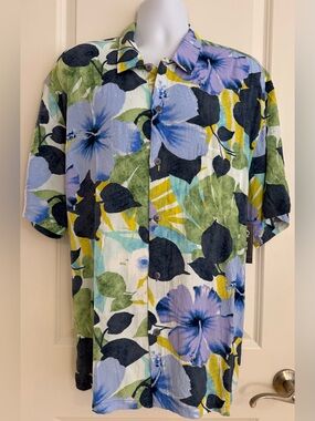 JAMS WORLD Hawaiian Aloha Short Sleeve Shirt Hibiscus Palm Indigo XL NWT